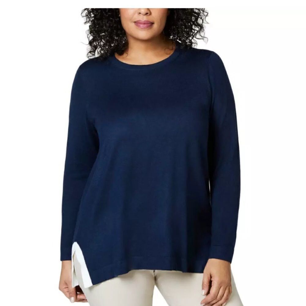 Charter Club Plus 1X,2X & 3X  Navy blue Knit Split Hem Sweater Top New with Tags